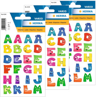 Herma 6x Stickervelletjes met 144x stuks plak letters A-Z gekleurde letters met gezichtjes 28 mm