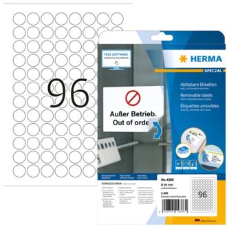 Herma Etiket Herma 4386 rond 20mm verwijderbaar 2400st wit