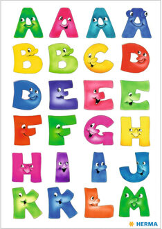 Herma Stickervelletjes met 48x stuks plak letters A-Z gekleurde letters met gezichtjes 28 mm Multi
