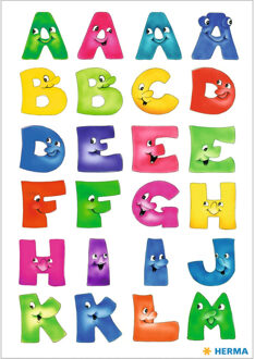 Herma Stickervelletjes met 48x stuks plak letters A-Z gekleurde letters met gezichtjes 28 mm