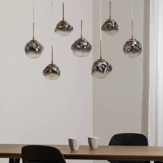 Herman hanglamp, 7-lamps, goudkleurig, lengte 97 cm, glas rookgrijs, goud