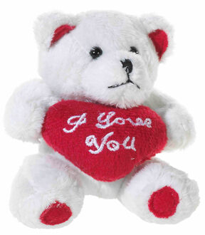 heunec Pluche beertjes knuffel wit van 10 cm met een I LOVE YOU hartje