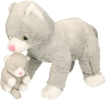 heunec Pluche kat/poes met kitten - huisdier knuffel - 32 cm - kitten knuffel