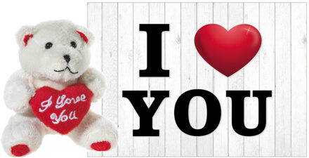 heunec Pluche knuffel Valentijn I Love You beertje 10 cm met hartjes wenskaart - Knuffelberen Beige