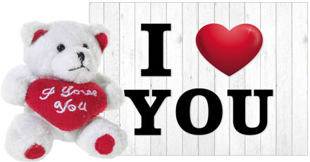 heunec Pluche knuffel Valentijn I Love You beertje 10 cm met hartjes wenskaart - Knuffelberen Rood