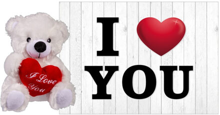 heunec Pluche knuffel Valentijn I Love You beertje 22 cm met hartjes wenskaart - Knuffelberen Rood