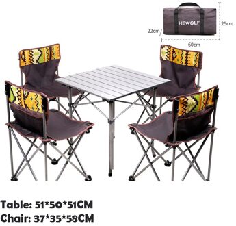 Hewolf Draagbare Vouwen Tafel En Stoel 5 Stuk Set Leisure Picknick Barbecue Familie Party Outdoor Camping Tafel En Kruk set bruin