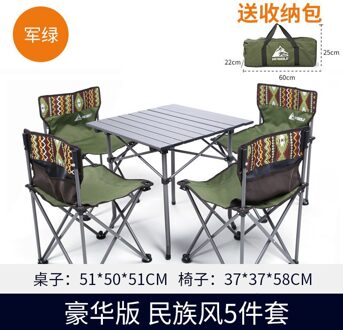 Hewolf Outdoor Opklapbare Tafels En Stoelen 5 Stuks Van Draagbare Opslag Wilde Camping Occasionele Tafel Kruk Verpakt Combinatie leger groen