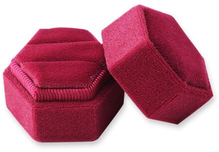 Hexagon Shape Fluwelen Doos Dubbele Ring Opbergdoos Bruiloft Ring Display Voor Vrouw Oorbellen Verpakking 5 Kleuren zeshoek rood