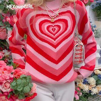 Heyoungirl Hart Print Y2K Gebreide Trui Vrouwen Zweet Leuke Lange Mouwen Trui Dames Mode Truien Truien Streetwear