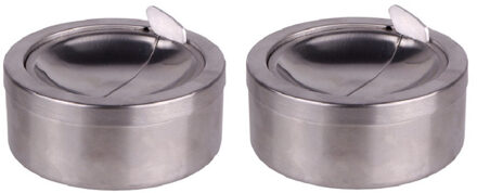 HI Asbak met klep - 2x - voor tuin/terras - RVS - rond - D11 cm - zilver
