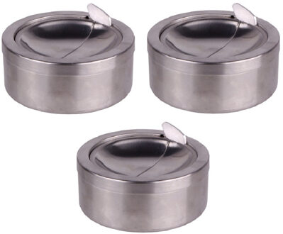 HI Asbak met klep - 3x - voor tuin/terras - RVS - rond - D11 cm - zilver