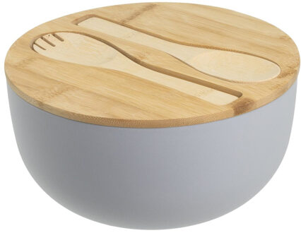 Hi Bamboe slakom - grijs - D23,5 cm - kunststof - bamboe - met saladebestek