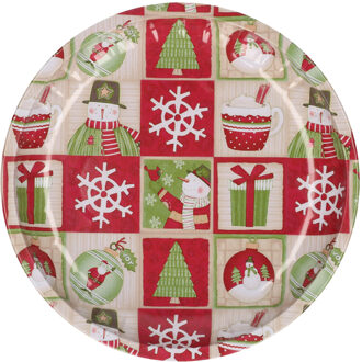 Hi bord met sneeuwpop - rood/groen - metaal - 26 cm - kerstontbijt - kerstdiner - kerstartikelen