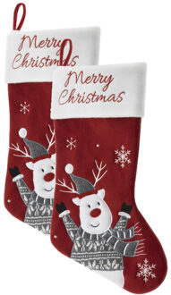 Hi Decoratie kerstsokken - 2x st - rood - met rendier - H45 cm - velvet - Merry Christmas