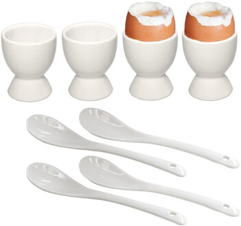 HI Eierdopjes - 6x stuks met lepel - keramiek - 6 cm - wit - eierdop