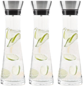 Hi Karaf/schenkkan met filter - Set van 3x stuks - 1 liter - glas - RVS - schenktuit - D10 x H34 cm