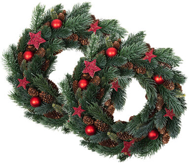 Hi Kerstkrans - 2x - gedecoreerd - D34 x 8 cm - rood - dennenappels - kunststof