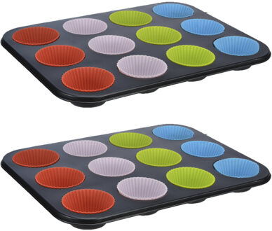 Hi Muffin vorm/bakvorm - 2x - zwart - voor 12 muffins - siliconen coating