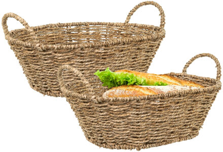 Hi Opbergmandje/broodmandje - 2x - gevlochten riet - naturel kleur - 32 x 23 x 10 cm