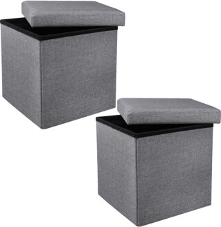 Hi Poef - 2x - hocker - opbergbox - grijs - polyester/mdf - 38 x 38 cm - opvouwbaar