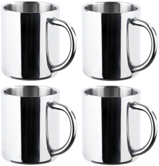Hi RVS mokken set van 4x - dubbelwandig - Outdoor/camping drink mokken - 200 ml