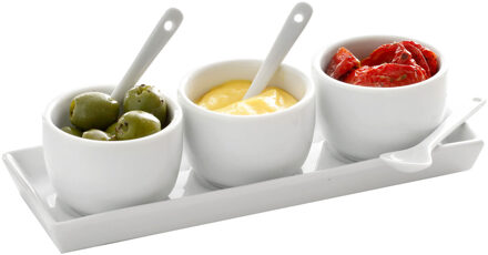 Hi Serveerschalen set - wit - 7-delig - keramiek - sausbakjes - lepels - serveerblad - sausbakjes