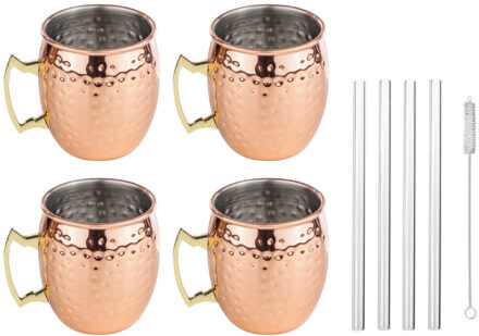 Hi Set van 4x Cocktailbekers Moscow Mule 500 ml met glazen rietjes