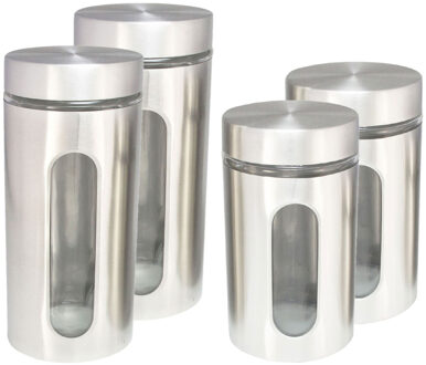 Hi Set van 4x keuken voedsel opslag voorraadpotten glas/rvs in 2 formaten