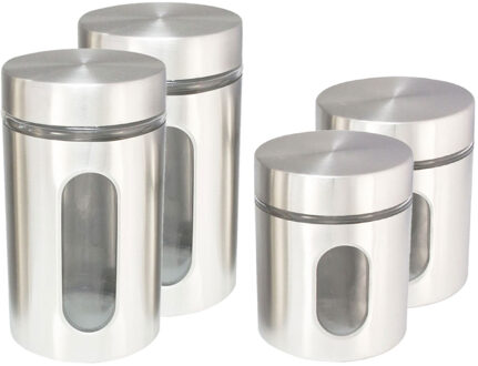 Hi Set van 4x keuken voedsel opslag voorraadpotten glas/rvs in 2 formaten