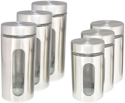 Hi Set van 6x keuken voedsel opslag voorraadpotten glas/rvs in 2 formaten