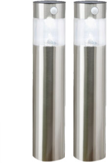 Hi Solar tuinlamp/prikspot pilaar - 2x - zilver - RVS - 50 cm - zonne energie met bewegingssensor