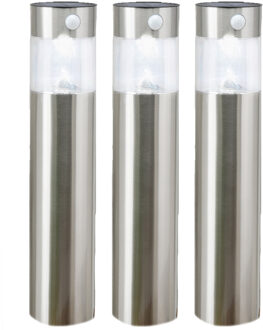 Hi Solar tuinlamp/prikspot pilaar - Set van 3x stuks - zilver - RVS - 50 cm - zonne energie met bewe