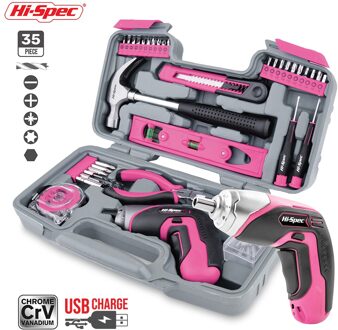 Hi-Spec 4V Usb Charge Elektrische Schroevendraaier Handgereedschap Set Rood Blauw Roze Kleur Huishoudelijke Reparatie Hand tool Kit Diy Gereedschap DT9707P 4V