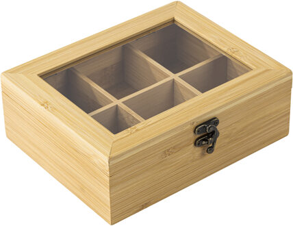 Hi Theedoos/opbergdoos - 6-vaks - bamboe hout - 21 x 17 x 8 cm Bruin