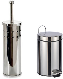 Hi Toiletborstel houder zilver rvs 38 cm met pedaalemmer 3 liter