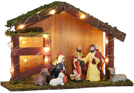 Hi Verlichte kerststal - porselein/mos/hout - 30 x 10 x 20 cm?- incl. 9 beeldjes/figuren