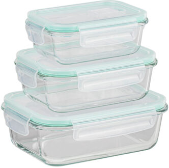 Hi Vershoudbakjes - met deksel - glas - set 3x stuks - luchtdicht - met clips
