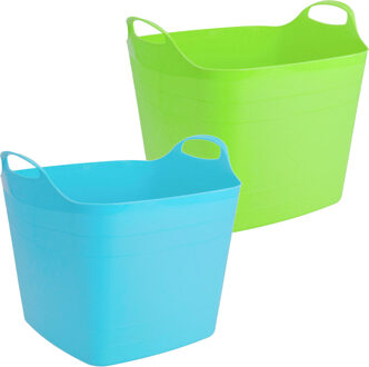 Hi Voordeelset van 2x stuks kunststof flexibele emmers/wasmanden/kuipen 40 liter in het groen/blauw