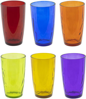 Hi Waterglazen/drinkglazen Coloris - 6x - transparant kleurenmix - 320 ml