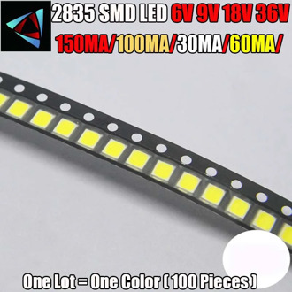High Brightness SMD LED 2835 1W White 100PCS/Lot 6V 9V 18V 36V 150MA/100MA/30MA/60MA/