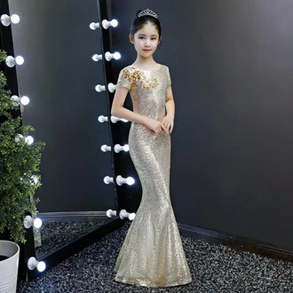 High-end Girls sequined dress children birthday party evening gown Catwalk piano costume mermaid dress Modis vestidos Y1438