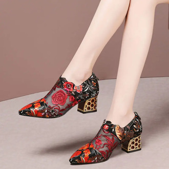 High Heels 2020 Woman Spring/Fall Mesh Pumps Women's Shoes Pointed toe Embroidery Flower Thick Heel Ethnic Hand Made Female