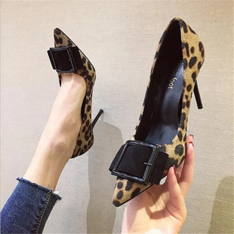 High Heels Shoes Women Pumps Flock Leopard Black Buckle Print Sexy Stilettos 9cm 6cm Party Heeled Designer Shoes Plus Big Size