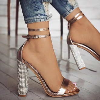 High Heels Women Pumps Gold Rhinestone Heels Ladies Shoes Classic Pumps Plus Size 35-43 Shoes Women Buckle Strap Sandals 678