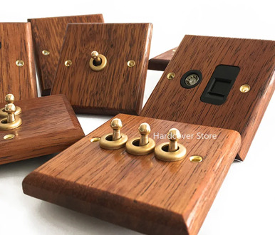 High Quality 86 Type Solid Wood Panel Wall Light Retro Brass Toggle Switch Wood Grain Electrical Switch Socket