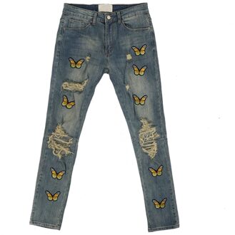 High Street Vlinder Borduurwerk Knie Gescheurde Gat Jeans Heren Casual Hip Hop Verontruste Jeans Slim Fit Skinny Denim Broek Joggers 34