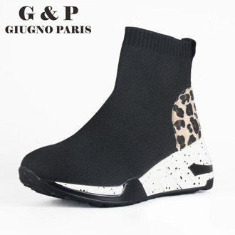 High top sock shoes women platform sneakers ladies causal fashion knitted sock shoes slip on leopard upper brand designer