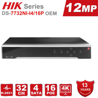 Hikvision NVR OEM 12MP 4K 32CH POE NVR DS-7732NI-I4/16P 16 PoE Ports 4 SATA Network Video Recorder Support Alarm Max 32TB Onvif