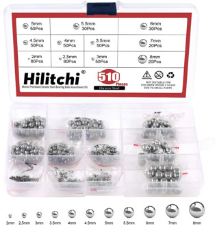 Hilitchi 510 Pcs Metric Precision Chrome Steel Bearing Ball Assortment Kit